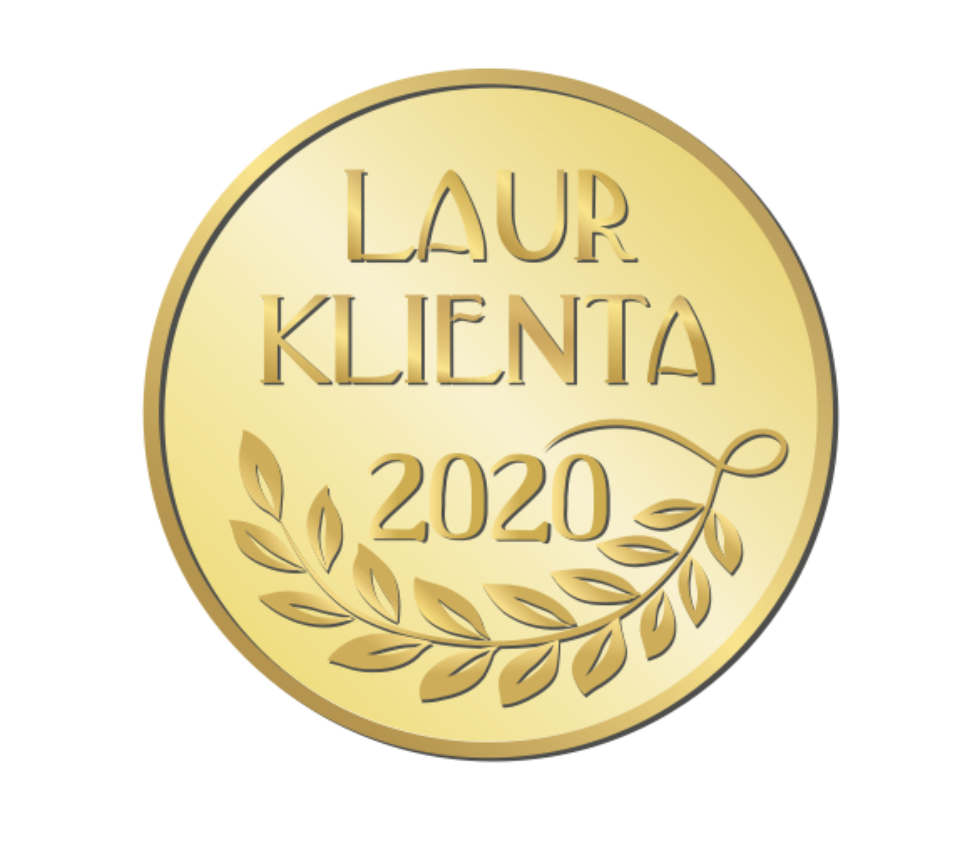 Złota odznaka 'Laur Klienta 2020' z motywem liści laurowych, symbol jakości i zaufania klientów.