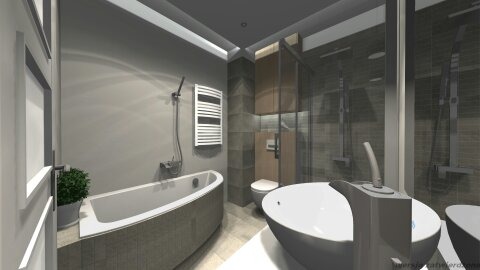 Wizualizacja nowoczesnej łazienki w Nidzicy z wanną wolnostojącą, prysznicem typu walk-in i grzejnikiem drabinkowym, utrzymana w szarościach z akcentami drewna.