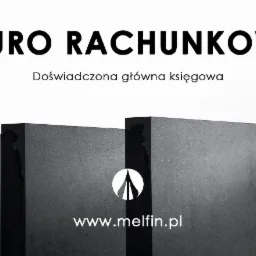 Minimalistyczna grafika reklamowa biura rachunkowego z napisem 'BIURO RACHUNKOWE', hasłem 'Doświadczona główna księgowa', logo oraz adresem strony internetowej www.melfin.pl, na tle geometrycznych...