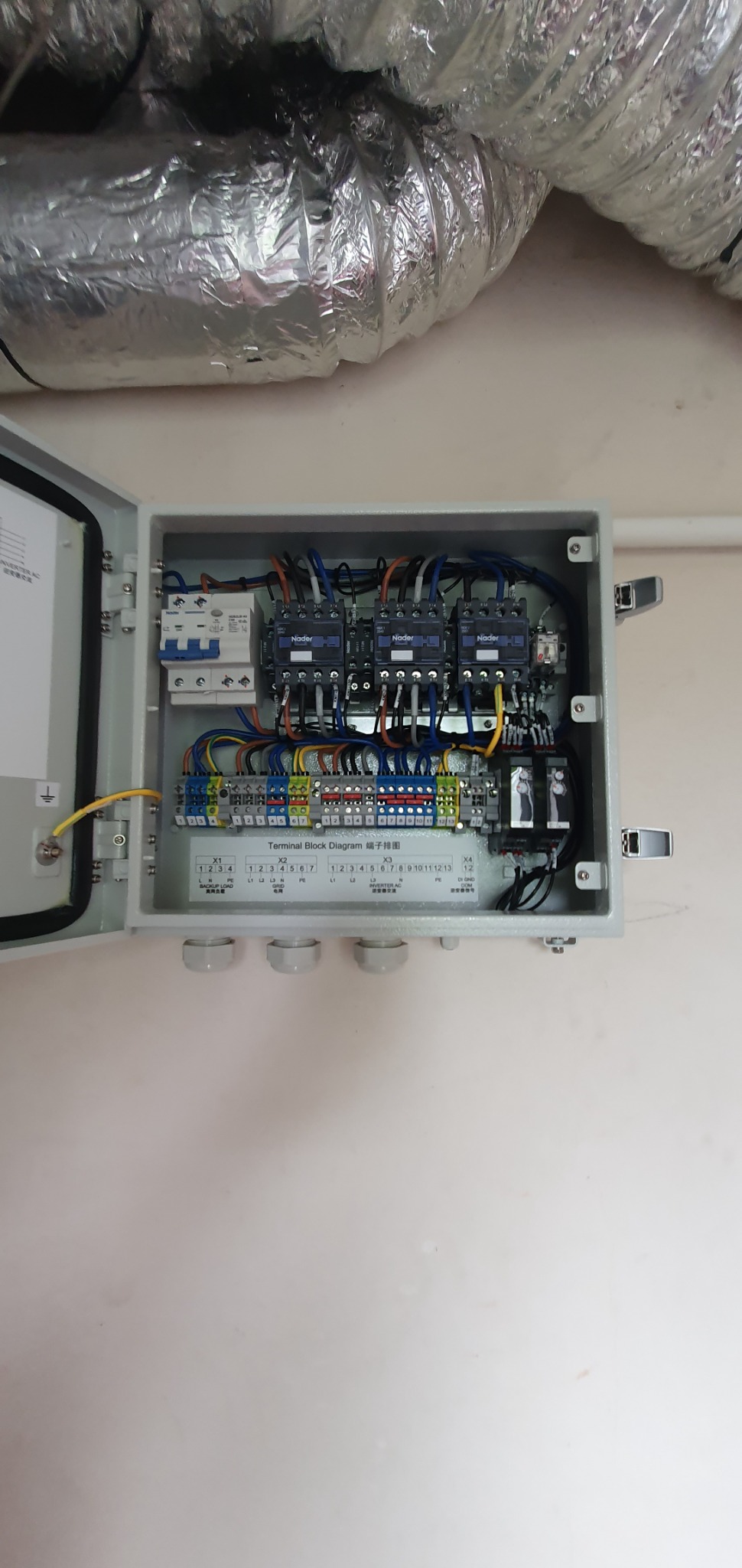 Otwarta szara skrzynka elektryczna z widocznymi bezpiecznikami, przekaźnikami i blokami zaciskowymi, zamontowana na ścianie, z widocznym przewodem wentylacyjnym w tle.