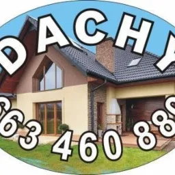Grafika przedstawiająca dom z dwuspadowym dachem krytym czarną dachówką, komin z cegły, jasną elewację i ciemne okna, umieszczona w owalnej ramce z napisem 'DACHY' u góry i numerem telefonu na dole...