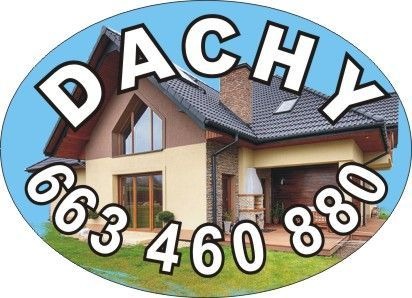 Grafika przedstawiająca dom z dwuspadowym dachem krytym czarną dachówką, komin z cegły, jasną elewację i ciemne okna, umieszczona w owalnej ramce z napisem 'DACHY' u góry i numerem telefonu na dole...