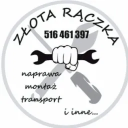 Logo firmy 'Złota Rączka' z numerem telefonu, prezentujące rękę trzymającą klucz francuski na tle skrzyżowanych narzędzi, oferującej usługi napraw, montażu i transportu.