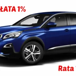 Niebieski Peugeot 3008 na białym tle, z informacją o wpłacie 1% i racie 1554 netto.