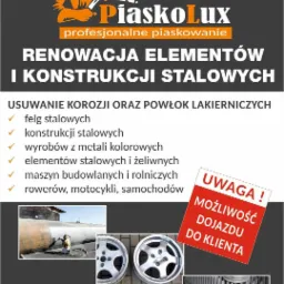 Plakat reklamowy firmy oferującej renowację elementów i konstrukcji stalowych poprzez usuwanie korozji i powłok lakierniczych, z przykładami felg, konstrukcji i rur po procesie czyszczenia,...