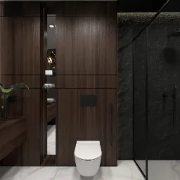 Nowoczesna łazienka z ciemnego drewna, białym marmurem i czarną ścianą z teksturą kamienia, kabina prysznicowa ze szkła i czarnych profili, podwieszana toaleta, dekoracja w niszy.