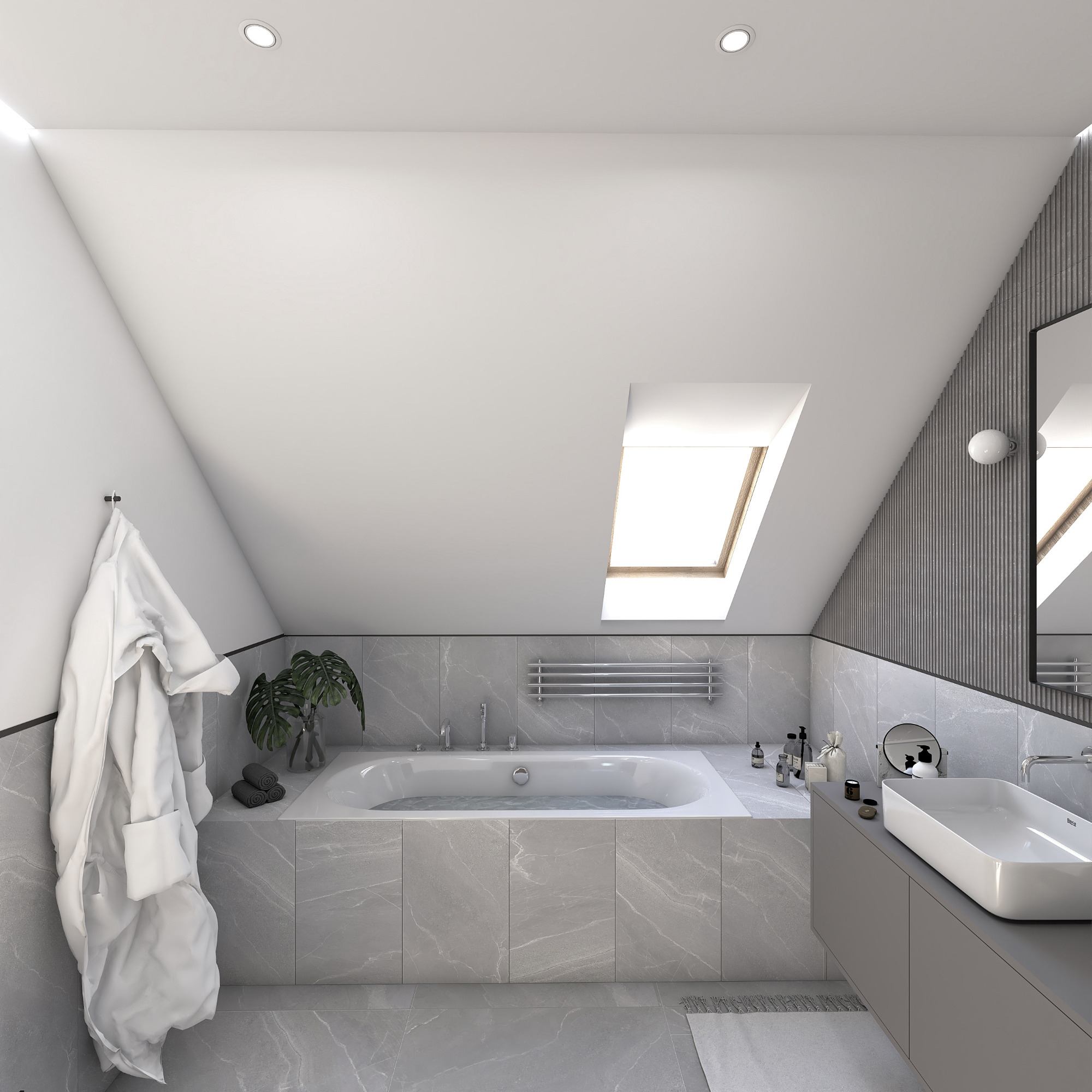 Jasna łazienka na poddaszu ze skośnym sufitem, marmurowe płytki, biała wanna z wodą, umywalka nablatowa, grzejnik drabinkowy, roślina w wazonie i wiszący szlafrok.