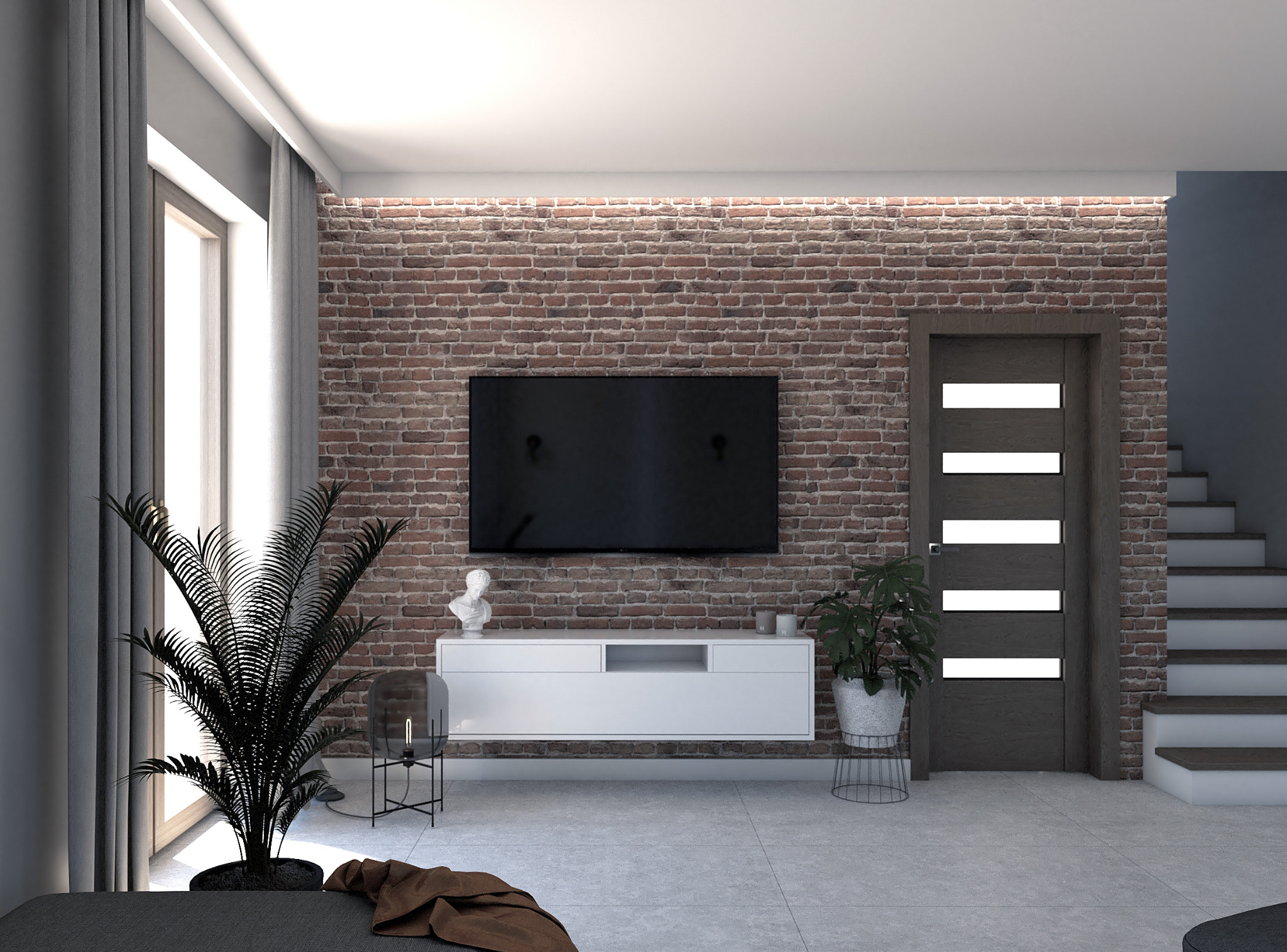 Salon z ceglaną ścianą podświetloną od góry, minimalistyczna szafka RTV z dekoracjami, telewizor, rośliny doniczkowe, drzwi i schody w tle.
