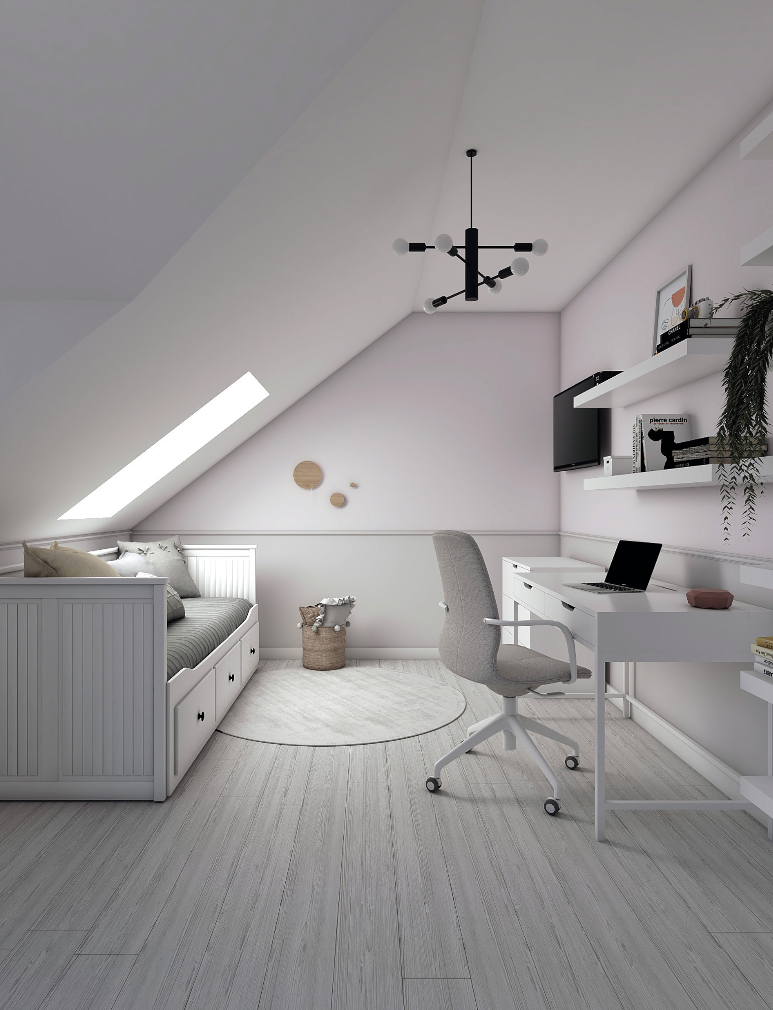 Pokój na poddaszu ze skośnym sufitem, z łóżkiem z szufladami, biurkiem z laptopem, szarą podłogą z paneli, okrągłym dywanem i nowoczesną lampą sufitową.