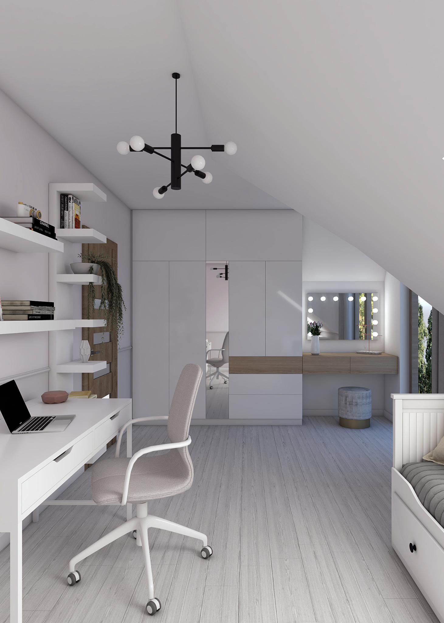 Jasne poddasze z biurkiem, toaletką z lustrem podświetlanym żarówkami, szafą w zabudowie i miejscem do spania, oświetlone nowoczesnym żyrandolem.