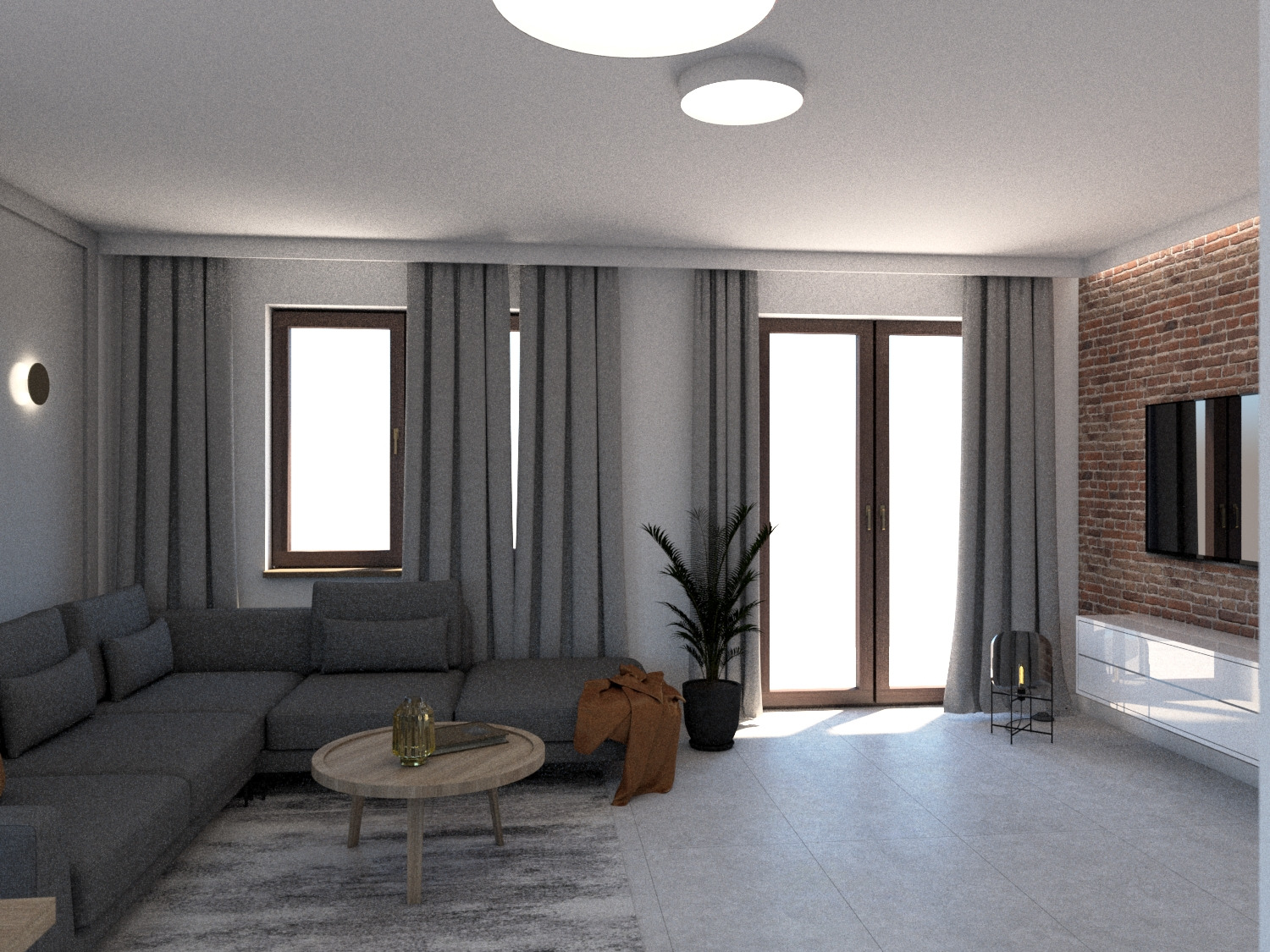 Wizualizacja salonu z szarą sofą narożną, okrągłym drewnianym stolikiem kawowym z dekoracją, zasłonami w odcieniach szarości, ceglaną ścianą z telewizorem oraz rośliną doniczkową obok przeszklonych...