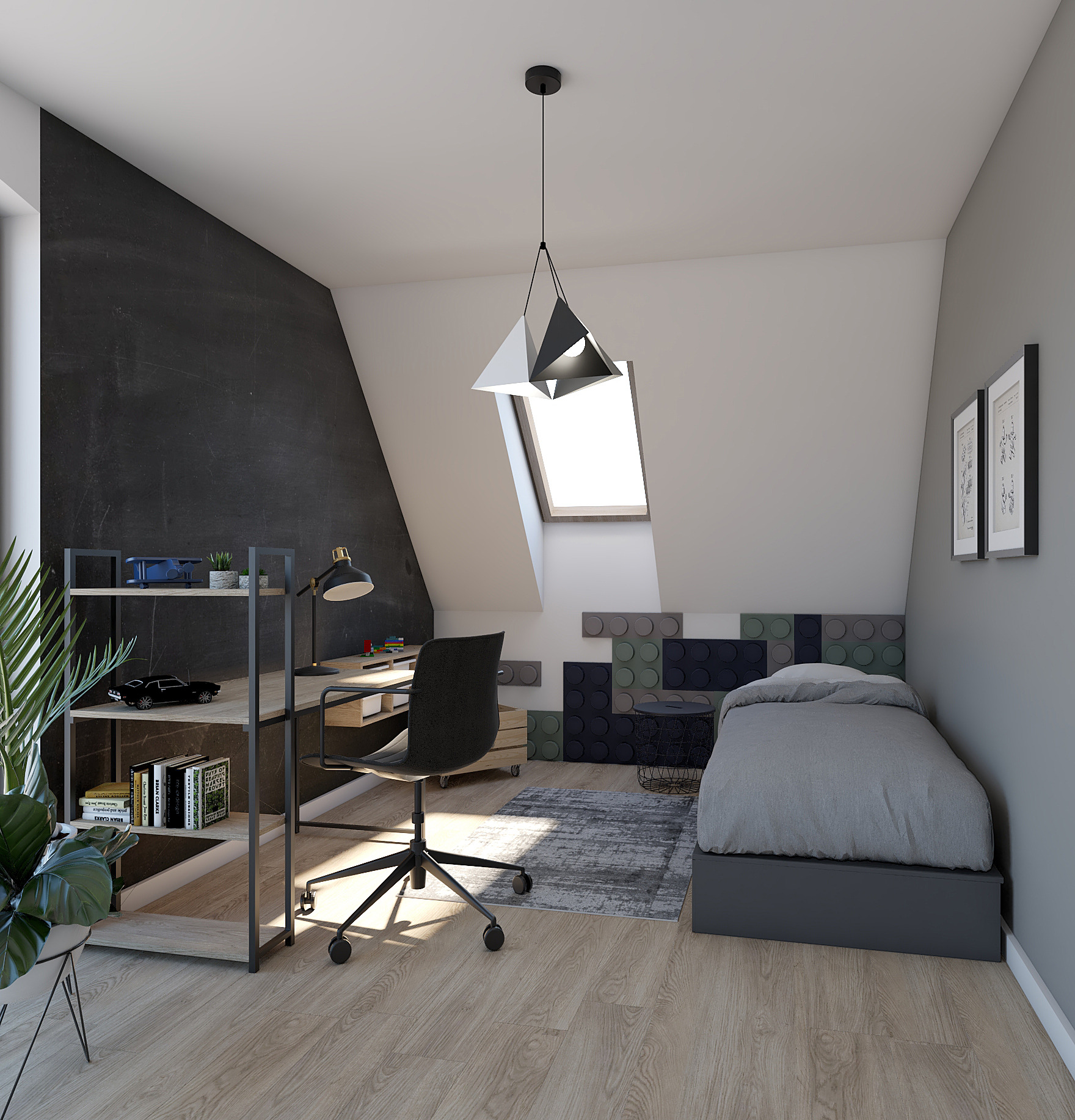 Pokój młodzieżowy na poddaszu z biurkiem, regałem, łóżkiem jednoosobowym i ścianą z motywem klocków, oświetlony lampą wiszącą o geometrycznym kształcie.