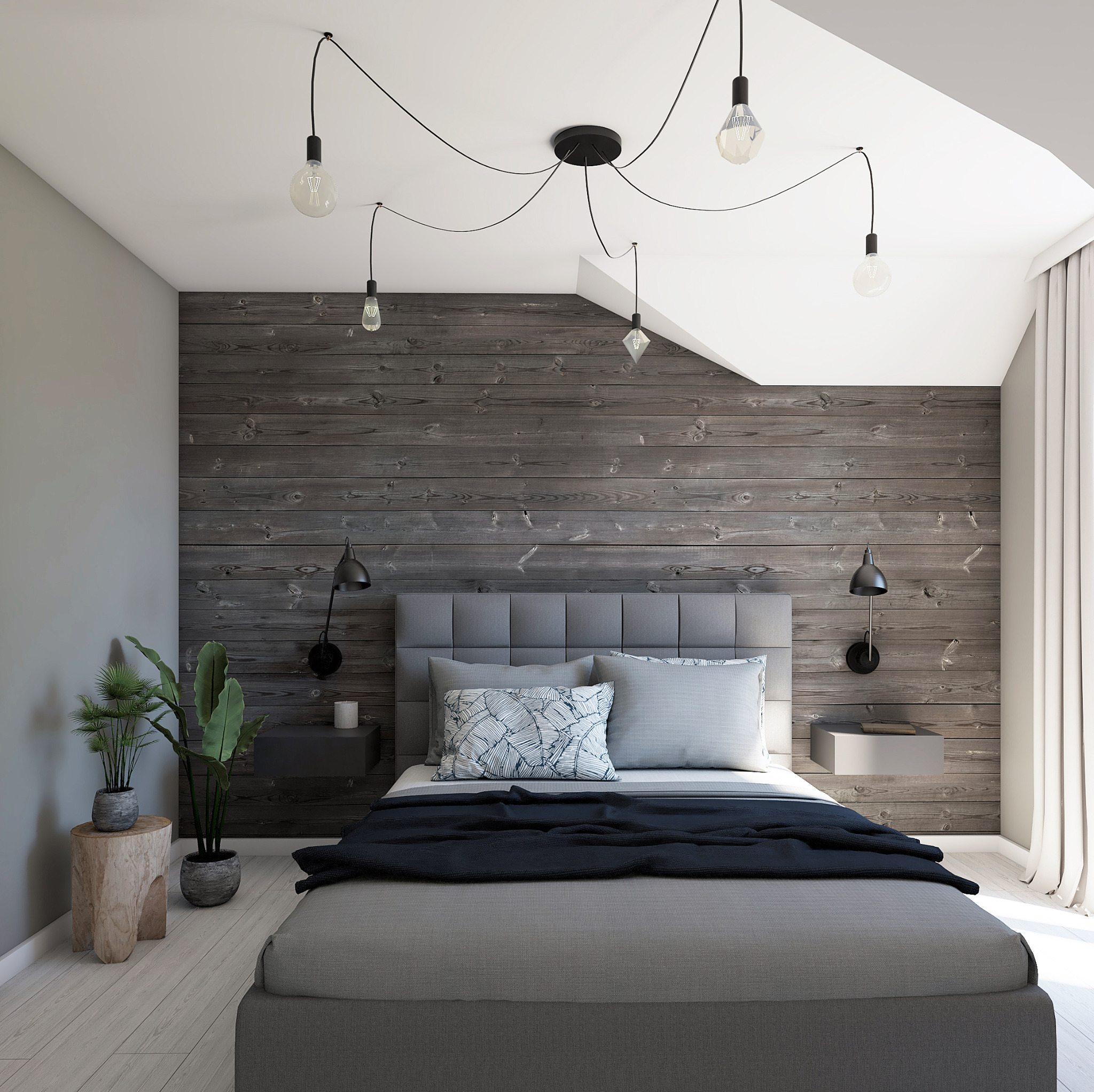 Nowoczesna sypialnia na poddaszu z drewnianą ścianą, szarą tapicerowaną ramą łóżka, lampkami nocnymi i wiszącą lampą z żarówkami Edisona oraz roślinami w doniczkach na drewnianym stoliku.