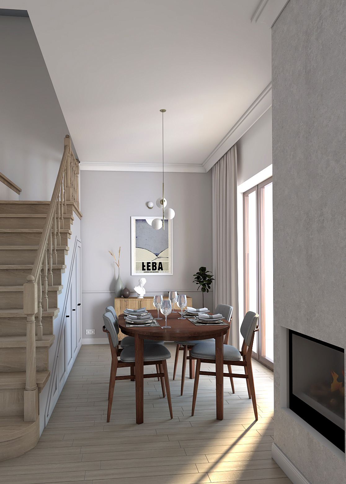 Jadalnia w jasnych barwach z okrągłym stołem nakrytym dla czterech osób, drewnianymi krzesłami z szarymi siedziskami, kominkiem w ścianie i schodami z jasnego drewna po lewej stronie.