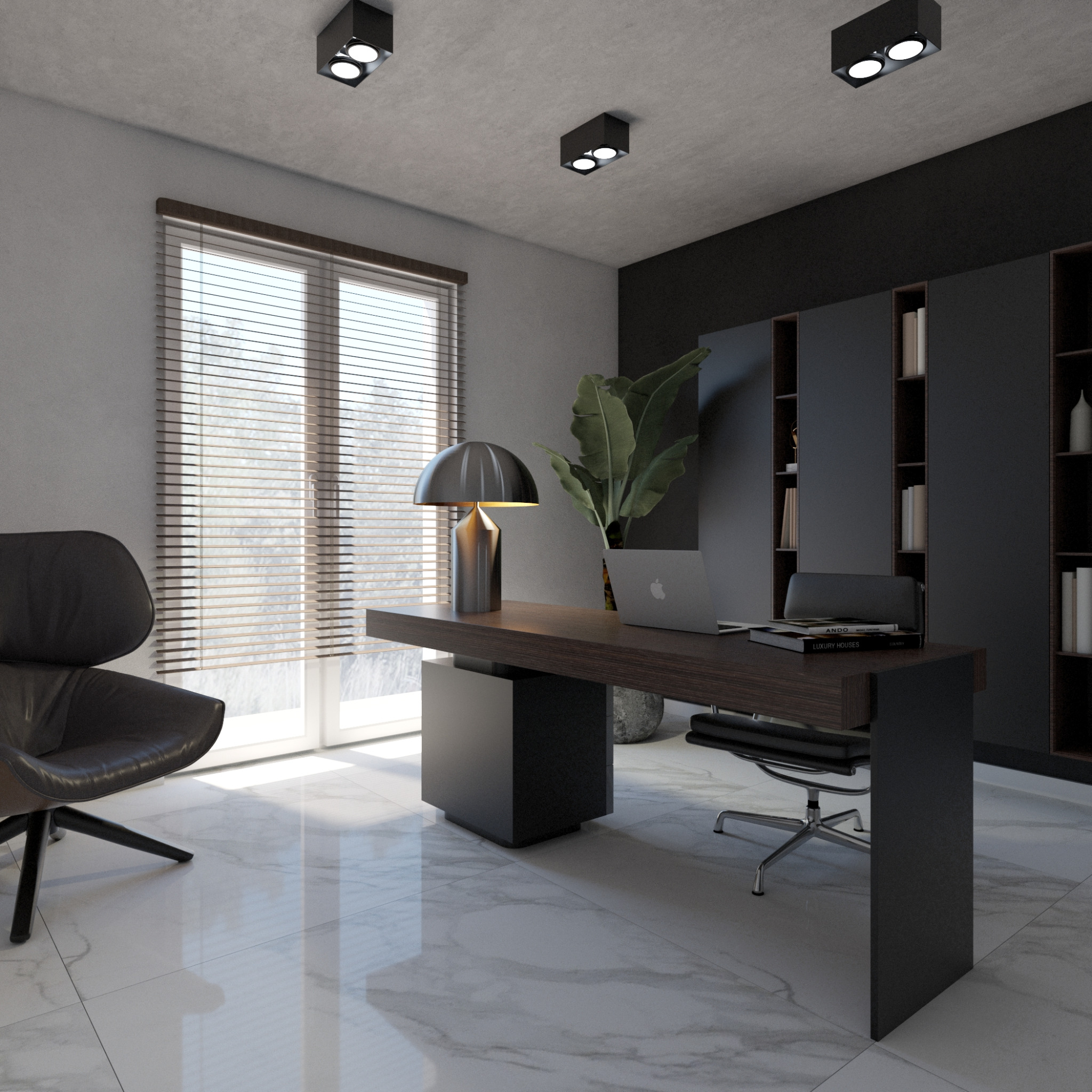 Nowoczesne biuro domowe z biurkiem z ciemnego drewna, czarnym krzesłem obrotowym, lampą w stylu retro, laptopem Apple i książkami, na tle okna z żaluzjami i czarnej zabudowy meblowej.