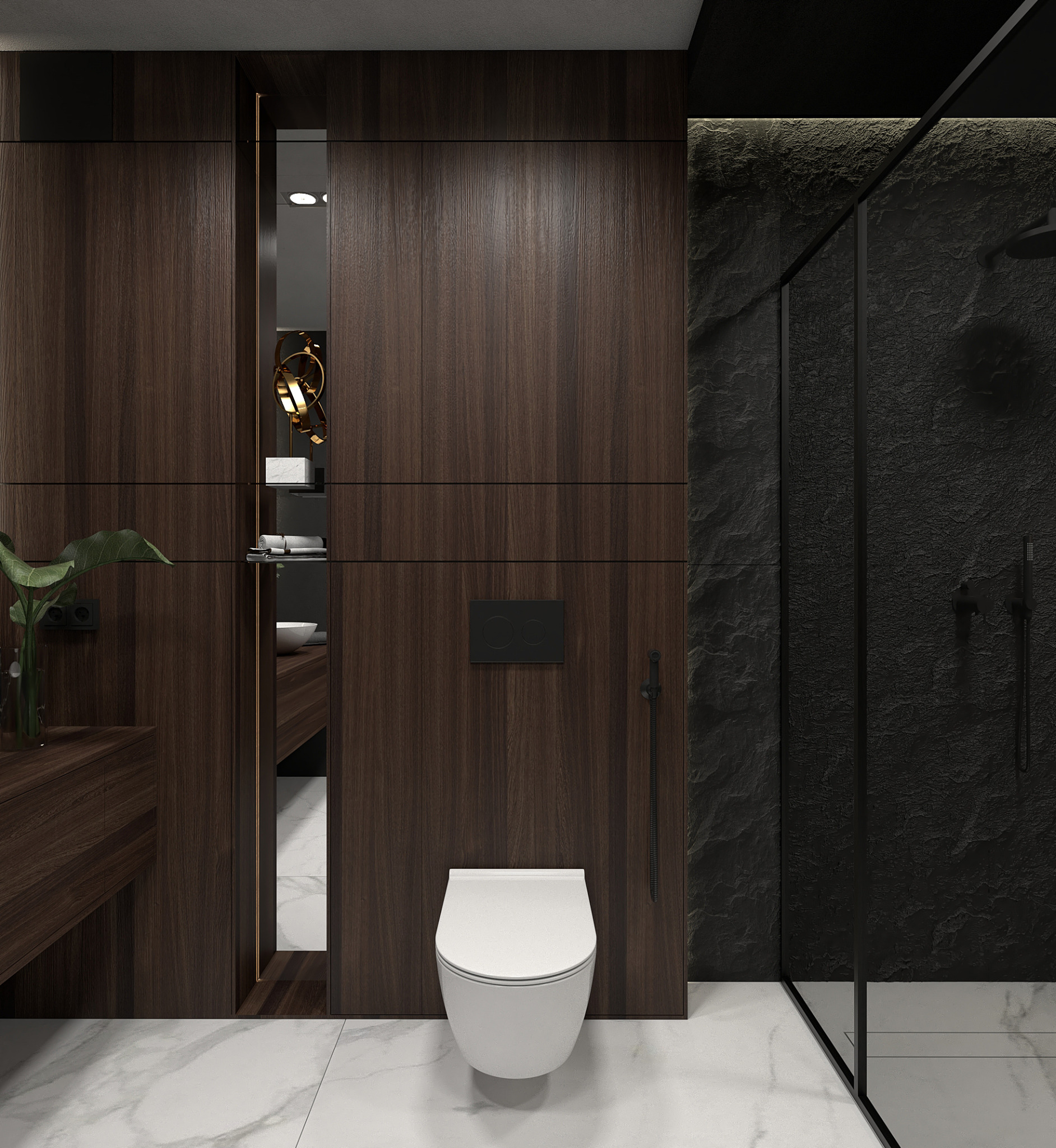 Nowoczesna łazienka z ciemnego drewna, białym marmurem i czarną ścianą z teksturą kamienia, kabina prysznicowa ze szkła i czarnych profili, podwieszana toaleta, dekoracja w niszy.