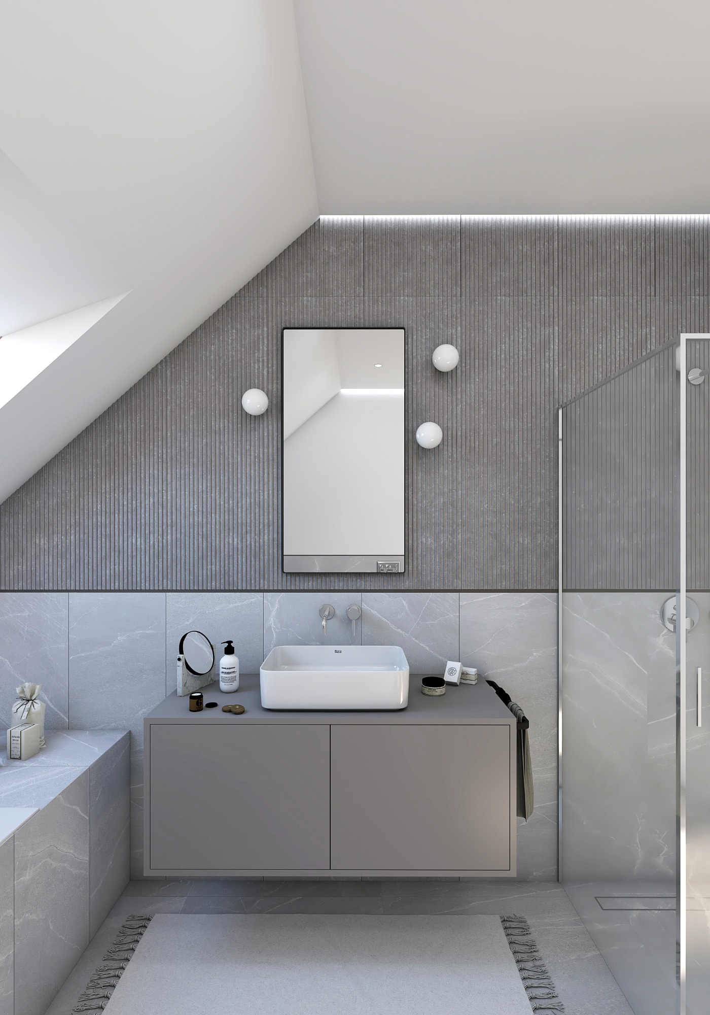 Nowoczesna łazienka na poddaszu z szarą, pionowo żłobioną ścianą, kwadratowym lustrem z podświetleniem, białą umywalką nablatową i szarą szafką pod umywalką oraz kabiną prysznicową.