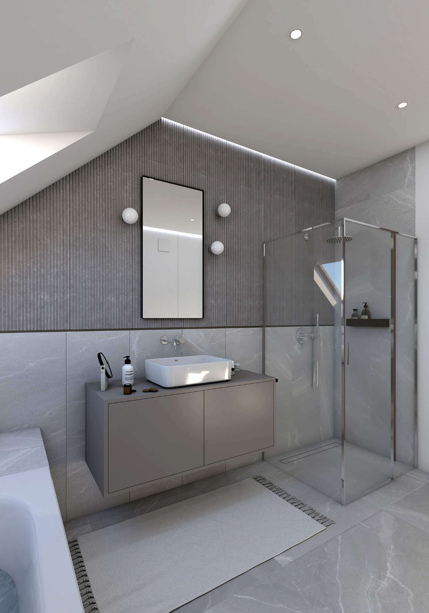 Wizualizacja nowoczesnej łazienki na poddaszu z szarą armaturą, kabiną prysznicową typu walk-in i wiszącą szafką z umywalką, oświetlona listwą LED i okrągłymi lampami ściennymi