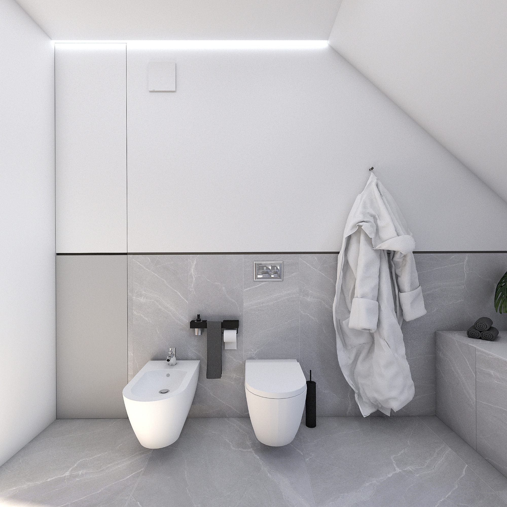 Minimalistyczna łazienka w odcieniach szarości i bieli z bidetem, toaletą, wiszącym szlafrokiem i rośliną na blacie.