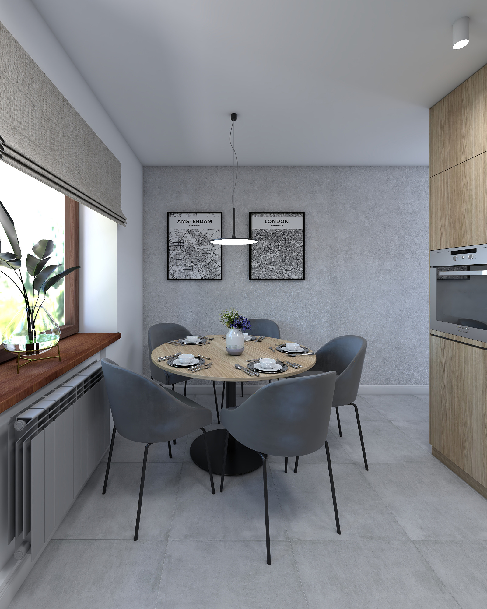 Jadalnia z okrągłym drewnianym stołem nakrytym dla sześciu osób, szare krzesła, grafiki z mapami Amsterdamu i Londynu na szarej ścianie, nowoczesna lampa wisząca, roślina w szklanym wazonie...