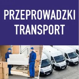 Grafika przedstawia dwóch pracowników w niebieskich kombinezonach przenoszących białą sofę z kartonami w tle, obok widoczne białe busy zaparkowane w rzędzie. U góry napis 'Przeprowadzki Transport'...