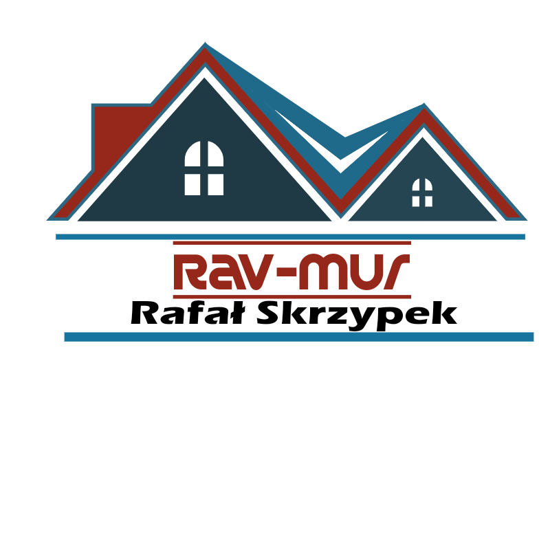 Logo firmy budowlanej RAV-MUR Rafał Skrzypek z graficznym przedstawieniem dachu w kolorach czerwonym i granatowym, na białym tle.