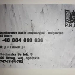 Wizytówka firmy P.R.I.D. Konrad Knera z Brzegu, specjalizującej się w robotach inżynieryjno-drogowych, z logo przedstawiającym stylizowany krajobraz i danymi kontaktowymi.
