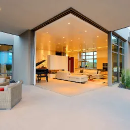 Panoramiczne, przesuwne szklane drzwi otwierają przestronny salon z fortepianem i kominkiem na patio z grillem, tworząc płynne przejście między wnętrzem a przestrzenią zewnętrzną.