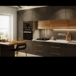 Nowoczesna kuchnia z ciemnymi, matowymi frontami szafek i drewnianymi akcentami, oświetleniem podszafkowym LED i blatem z marmuru.