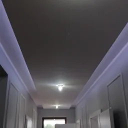 Nowoczesny korytarz w szarościach z podświetlanym sufitem i dekoracyjnymi panelami ściennymi, widok w kierunku otwartych drzwi wejściowych z widokiem na zewnątrz.