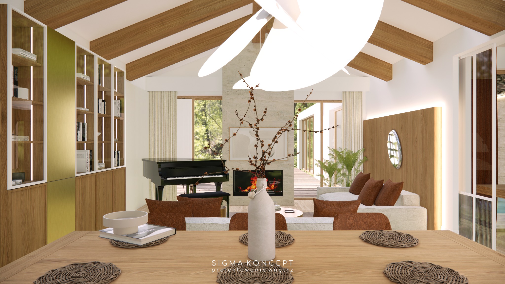 Wnętrze domu z wysokim sufitem i drewnianymi belkami, widok na salon z kominkiem i pianinem z perspektywy jadalni z drewnianym stołem i dekoracjami, nowoczesny design z naturalnymi materiałami.