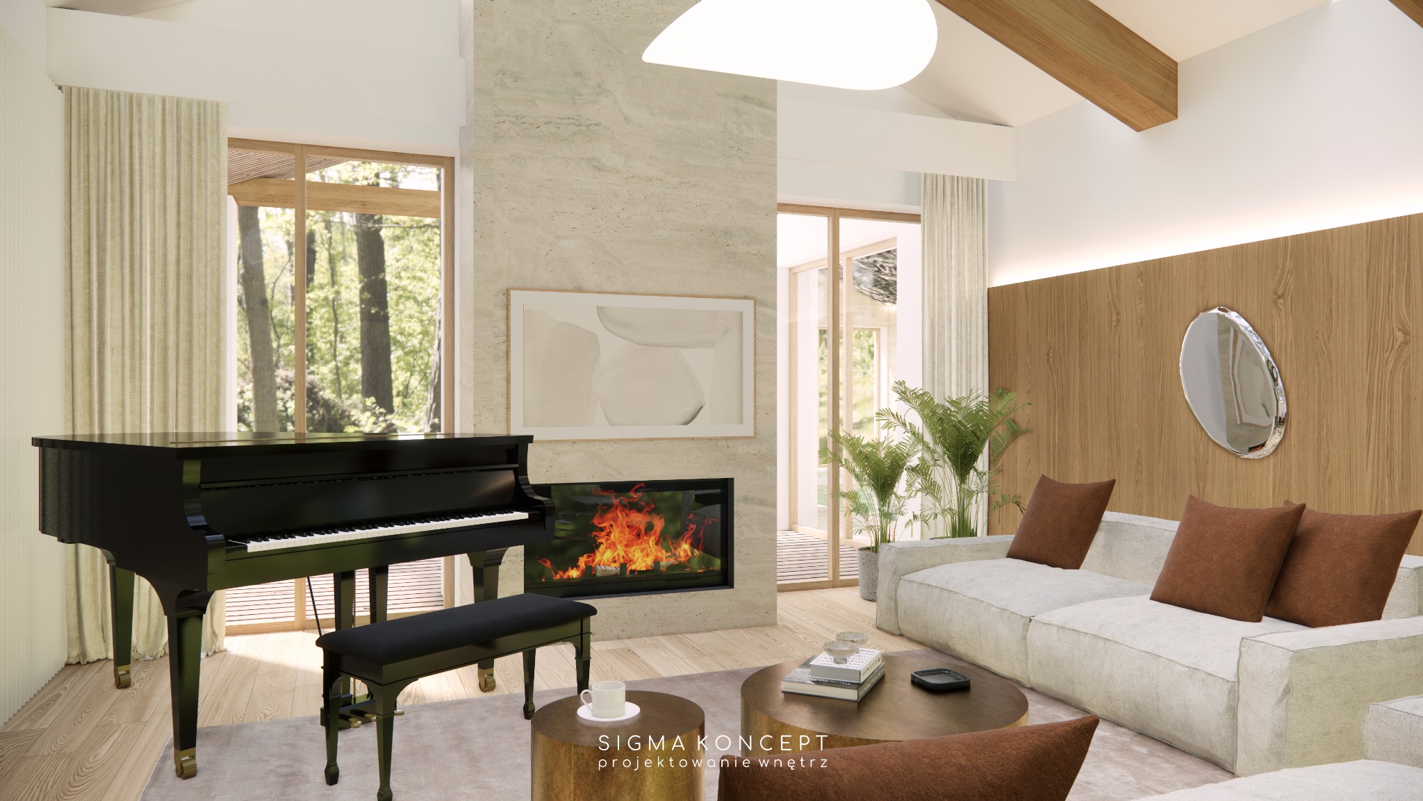 Wizualizacja salonu z czarnym fortepianem, kominkiem obudowanym trawertynem, beżową sofą i drewnianymi akcentami, oświetlonego naturalnym światłem wpadającym przez okna.