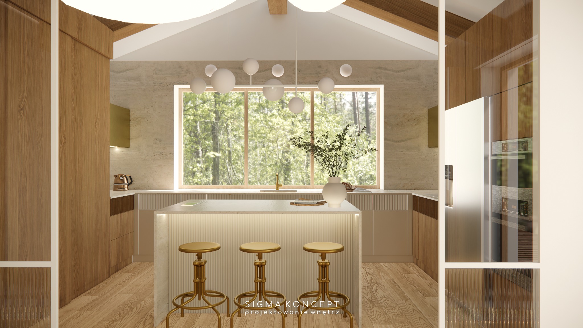 Wnętrze kuchni z wyspą, trzema złotymi hokerami, dużym oknem z widokiem na zieleń i nowoczesnym oświetleniem sufitowym.