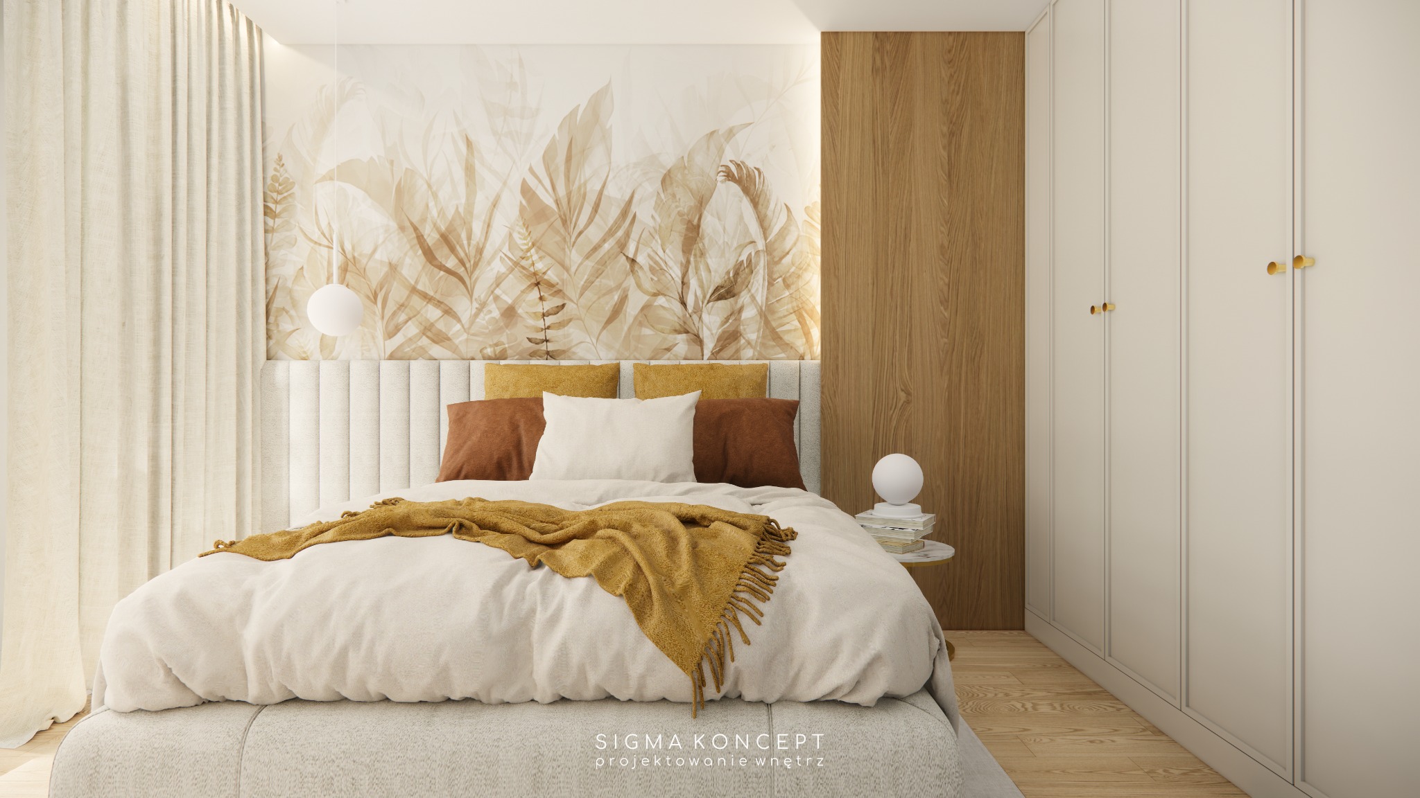 Jasna sypialnia z łóżkiem z beżowym zagłówkiem, narzutą w kolorze musztardowym i poduszkami w odcieniach brązu i beżu, na ścianie tapeta z motywem liści, obok szafa z białymi frontami i złotymi...