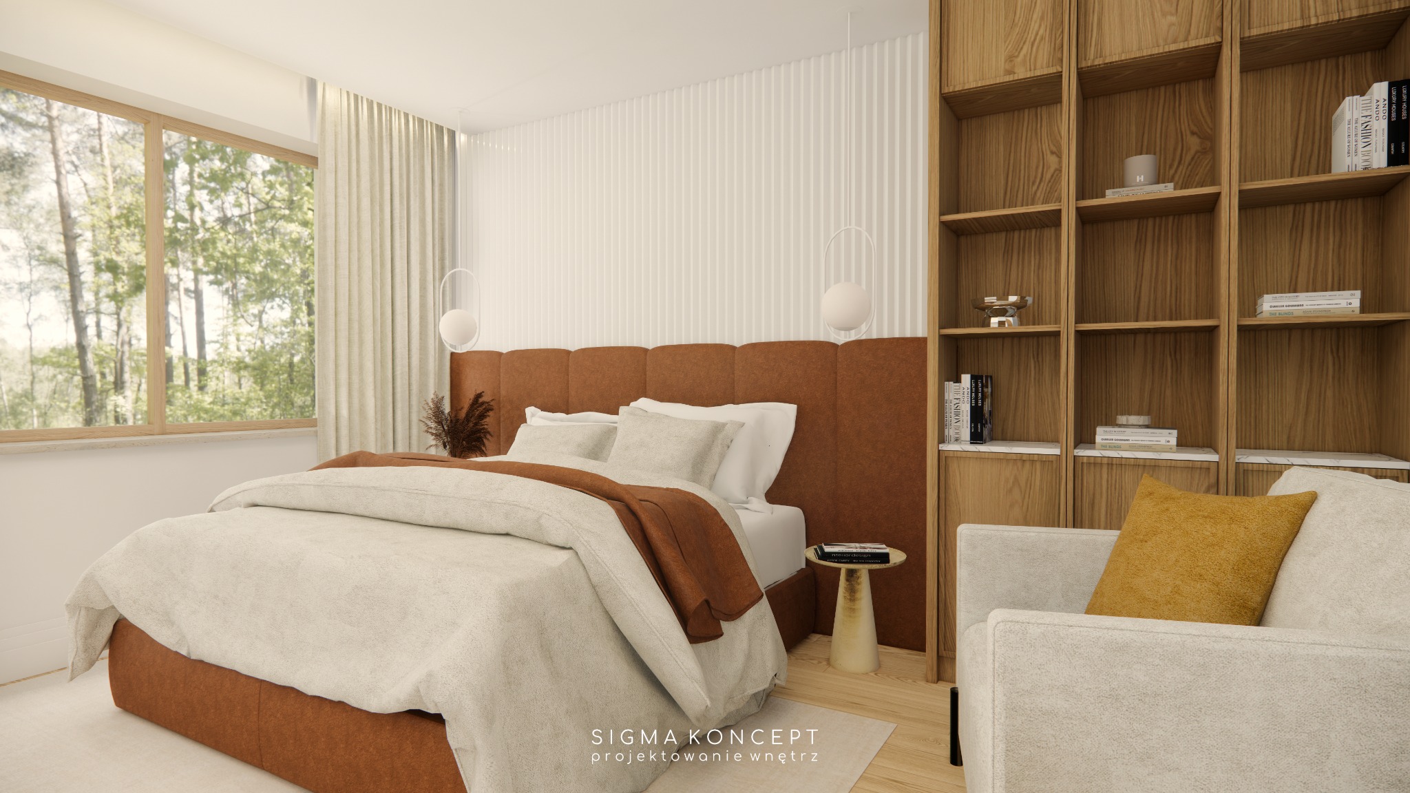 Wizualizacja sypialni z łóżkiem z brązowym zagłówkiem i beżową pościelą, drewnianym regałem z książkami, lampami wiszącymi i minimalistyczną ścianą. Widok na zieleń za oknem.