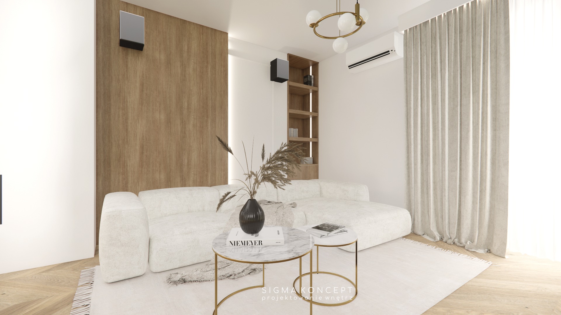 Jasne wnętrze salonu z narożną sofą, marmurowymi stolikami kawowymi na złotych nóżkach, drewnianą ścianą i regałem, oświetlone nowoczesną lampą wiszącą i światłem dziennym przez zasłony.