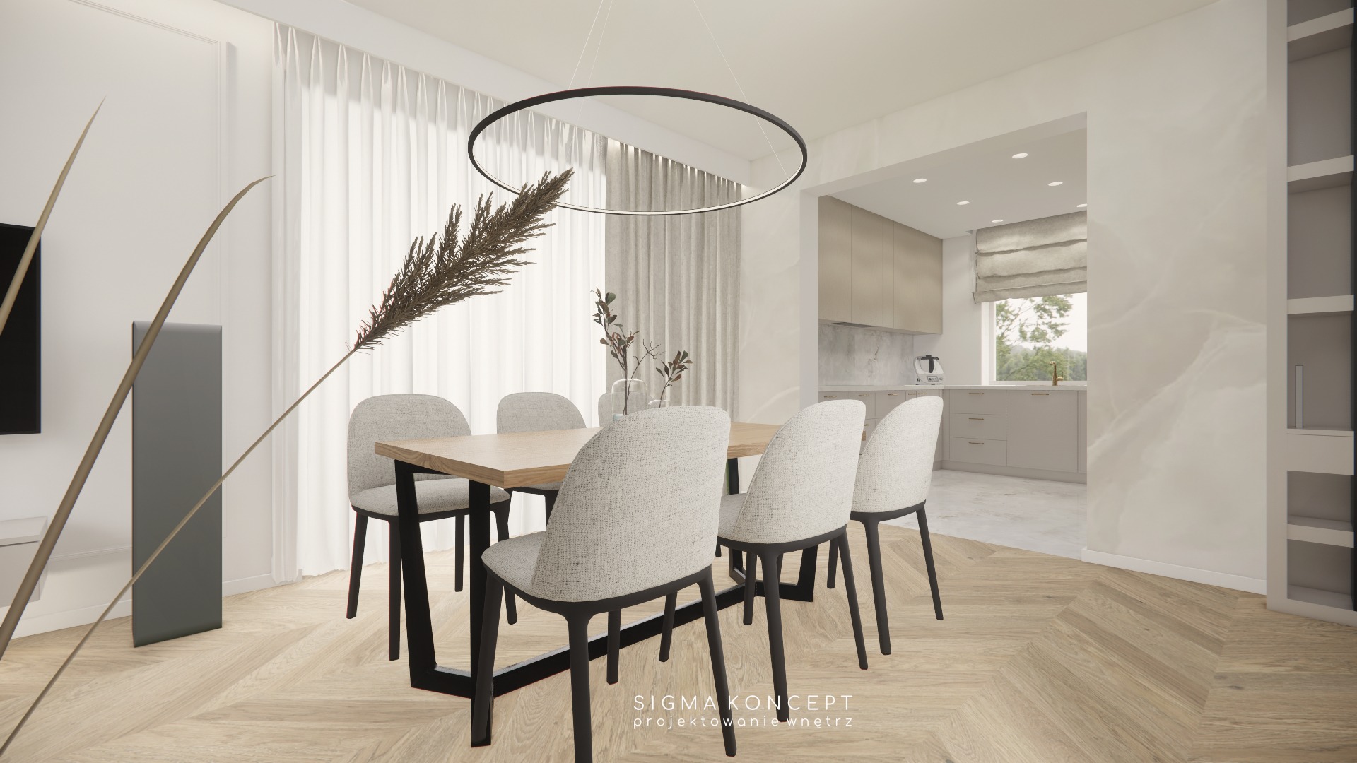 Wizualizacja jadalni w jasnych barwach z drewnianym stołem na czarnej podstawie i krzesłami obitymi szarą tkaniną, okrągła lampa nad stołem, otwarta kuchnia w tle, parkiet w jodełkę na podłodze.