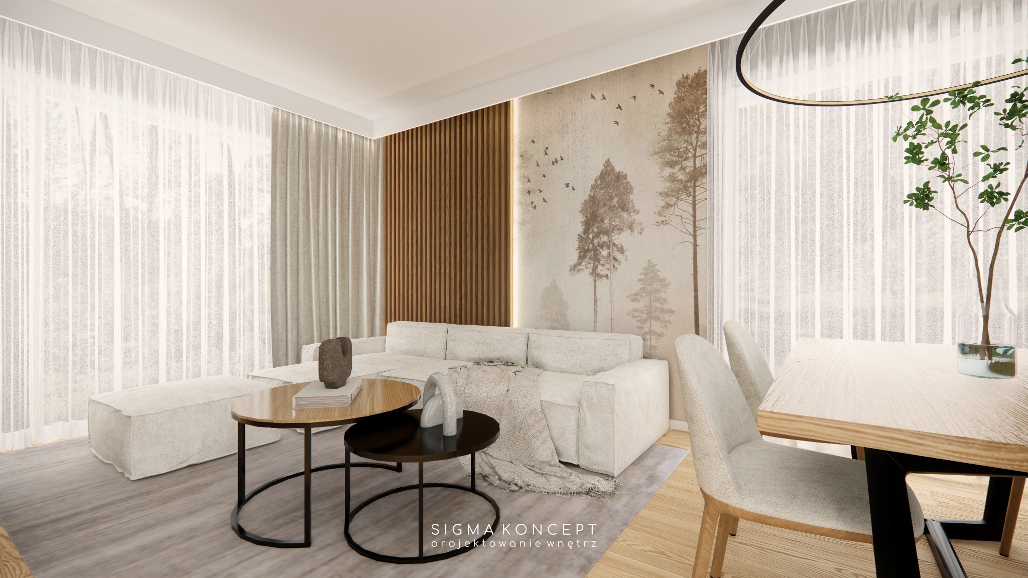 Wizualizacja salonu z narożną sofą, okrągłymi stolikami kawowymi i tapetą z motywem drzew, oświetlona nowoczesną lampą wiszącą.
