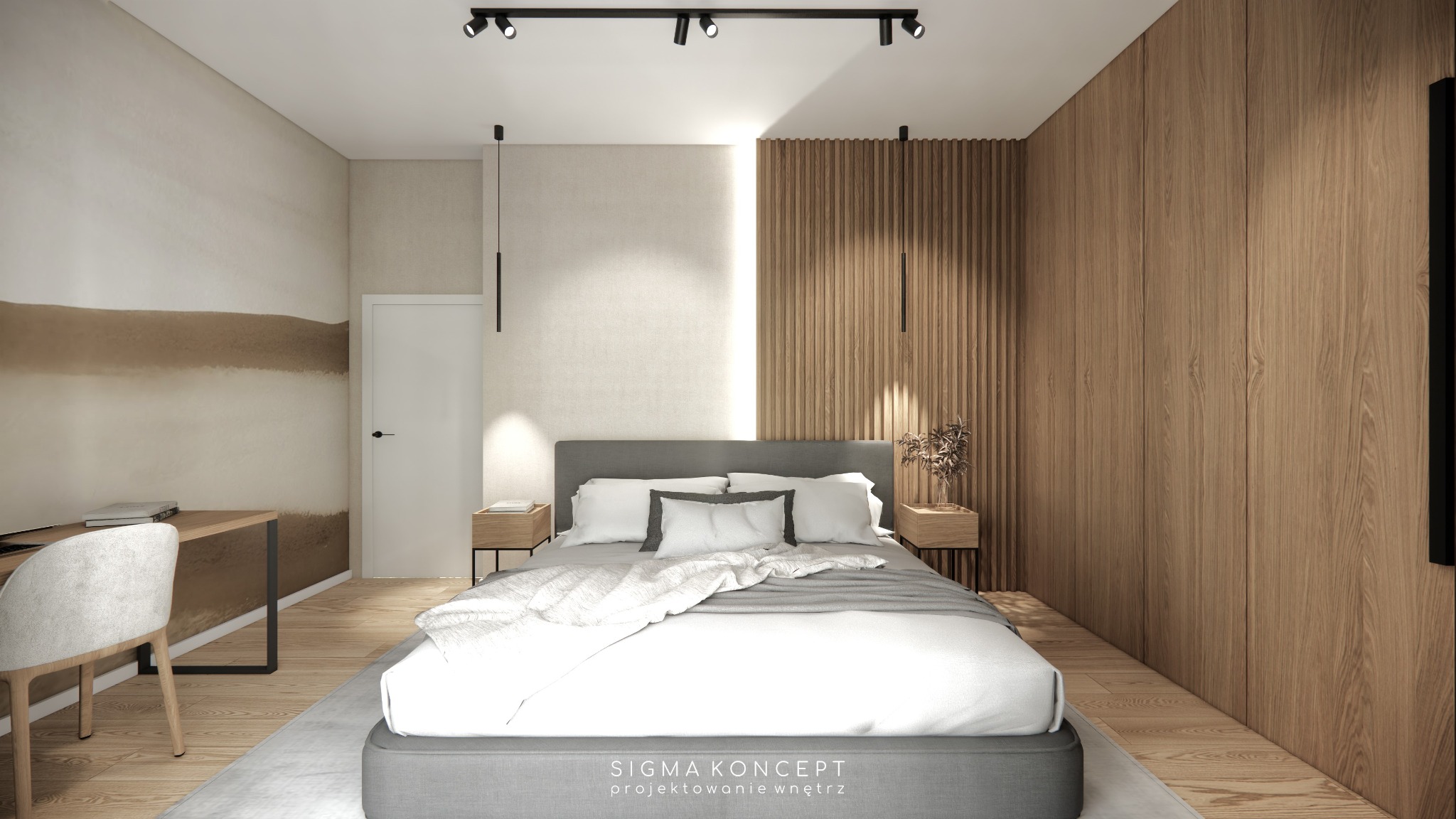 Nowoczesna sypialnia z łóżkiem w szarej ramie, drewnianą ścianą z lamelami, biurkiem z krzesłem i abstrakcyjnym malunkiem na ścianie, oświetlona punktowymi lampami sufitowymi i wiszącymi lampami.