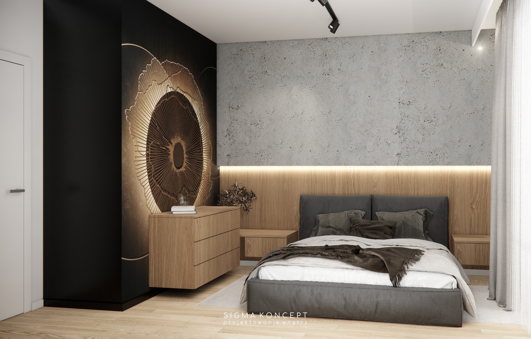 Nowoczesna sypialnia z łóżkiem kontynentalnym w szarej tapicerce, drewnianą szafką nocną i komodą z dekoracyjnym panelem ściennym w kolorze złota na czarnym tle, oświetlona listwą LED za wezgłowiem.