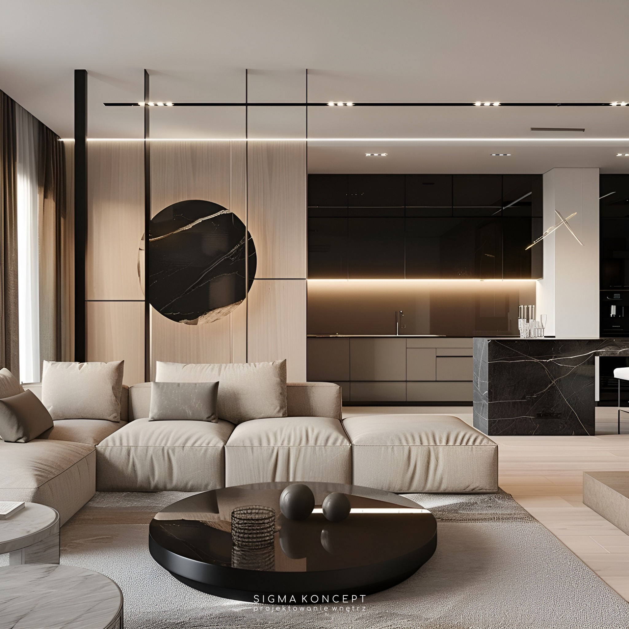 Nowoczesne wnętrze: beżowa sofa modułowa z okrągłym stolikiem kawowym z czarnym blatem, w tle kuchnia z czarnymi szafkami i wyspą z czarnym marmurem, oświetlenie LED i okrągła dekoracja ścienna...