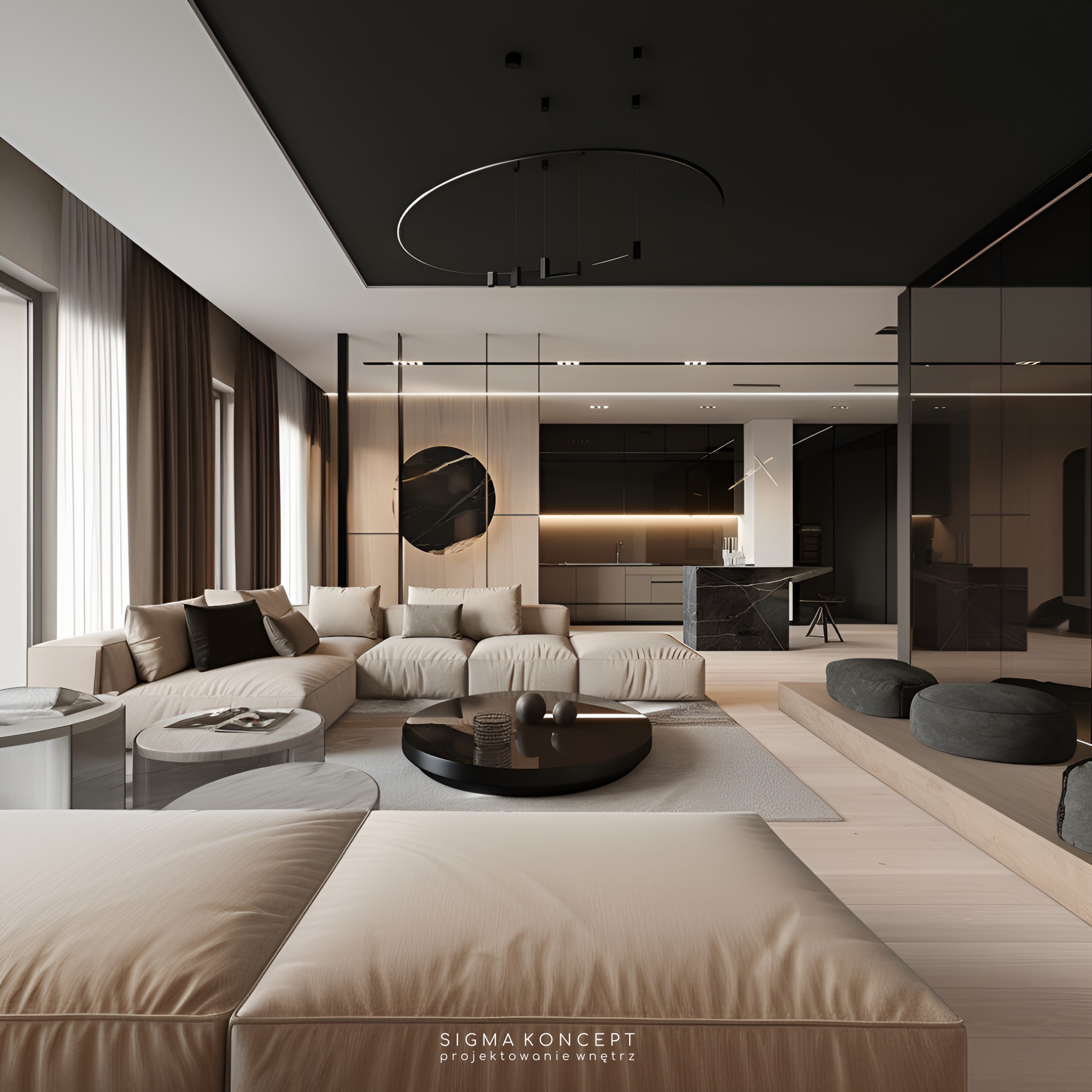Nowoczesny salon z beżową sofą modułową, okrągłymi stolikami kawowymi, czarnym okrągłym dekorem ściennym i otwartą kuchnią z czarnym blatem.