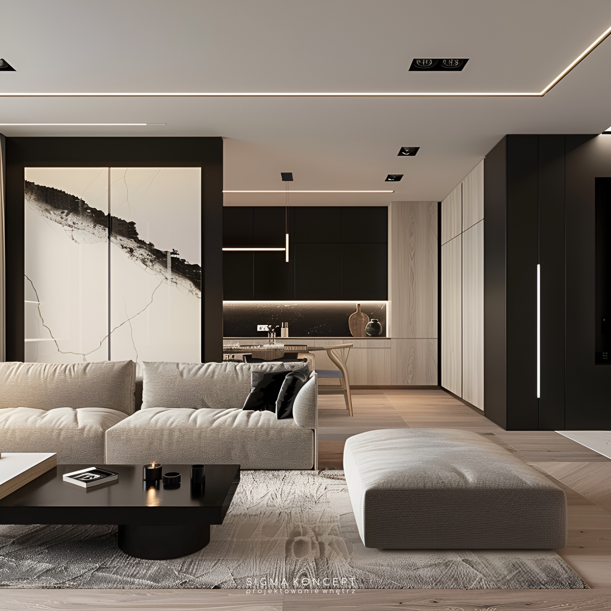 Minimalistyczny salon z beżową sofą modułową, czarnym stolikiem kawowym z dekoracjami i abstrakcyjnym obrazem na ścianie, oświetlony listwami LED.