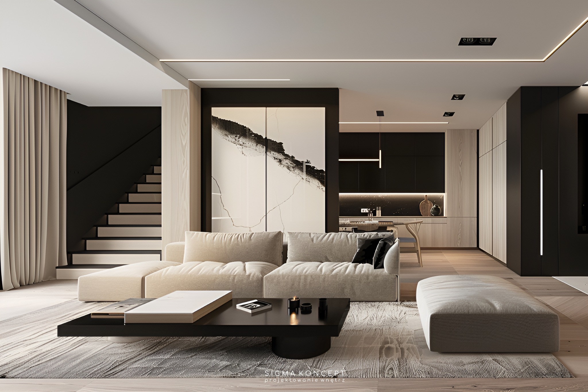 Nowoczesny salon z beżową sofą modułową, czarnym stolikiem kawowym i abstrakcyjnym obrazem w tle, oświetlenie ledowe pod sufitem, schody w kolorze czarnym w tle.