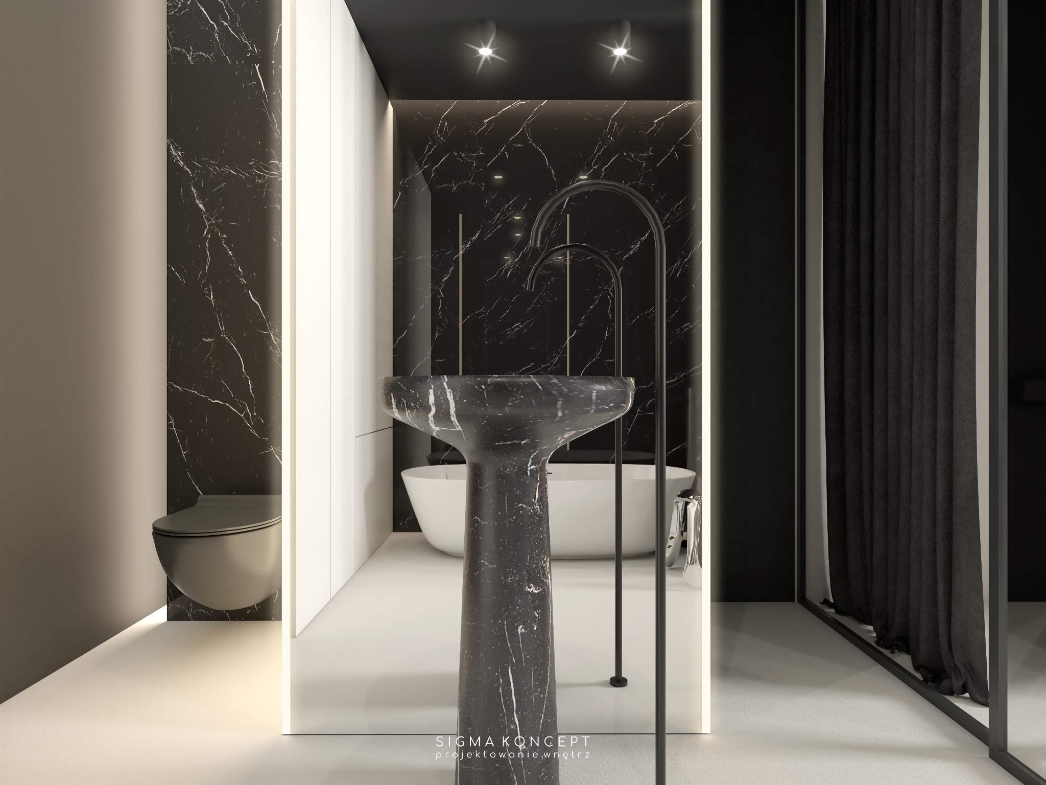 Nowoczesna łazienka z umywalką wolnostojącą z czarnego marmuru, czarną armaturą i ścianami wyłożonymi czarnym marmurem z białymi żyłami, w tle biała wanna.