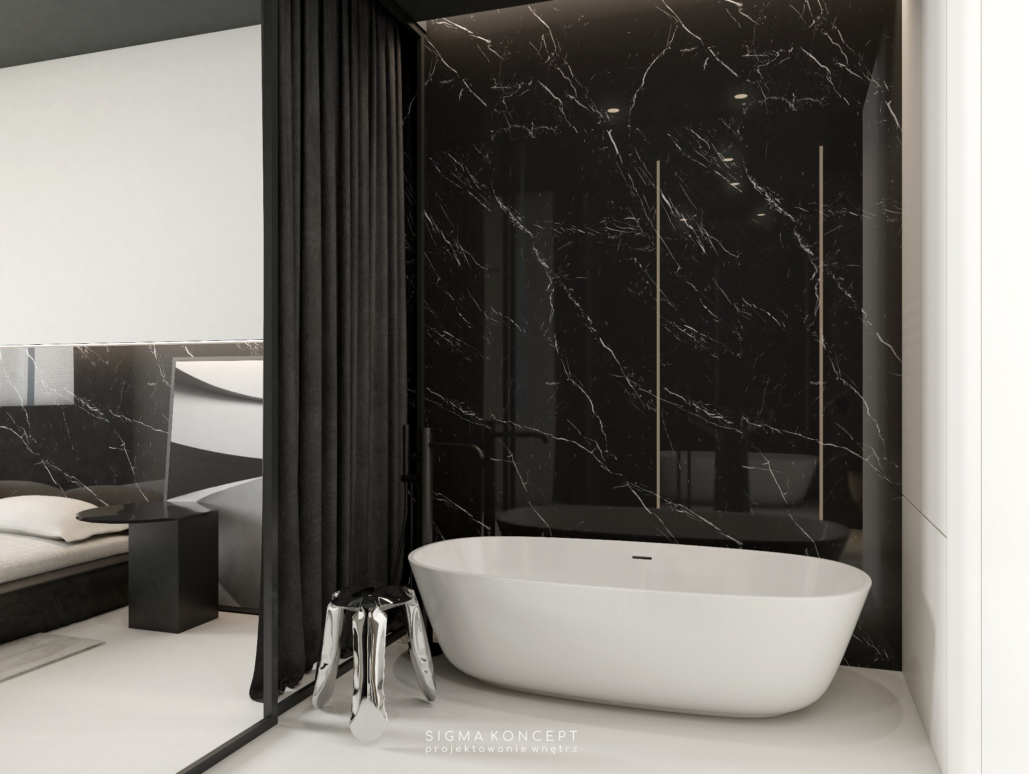 Nowoczesna łazienka z wolnostojącą białą wanną na tle czarnej ściany z marmurowym wzorem, obok srebrny stołek i zasłona.