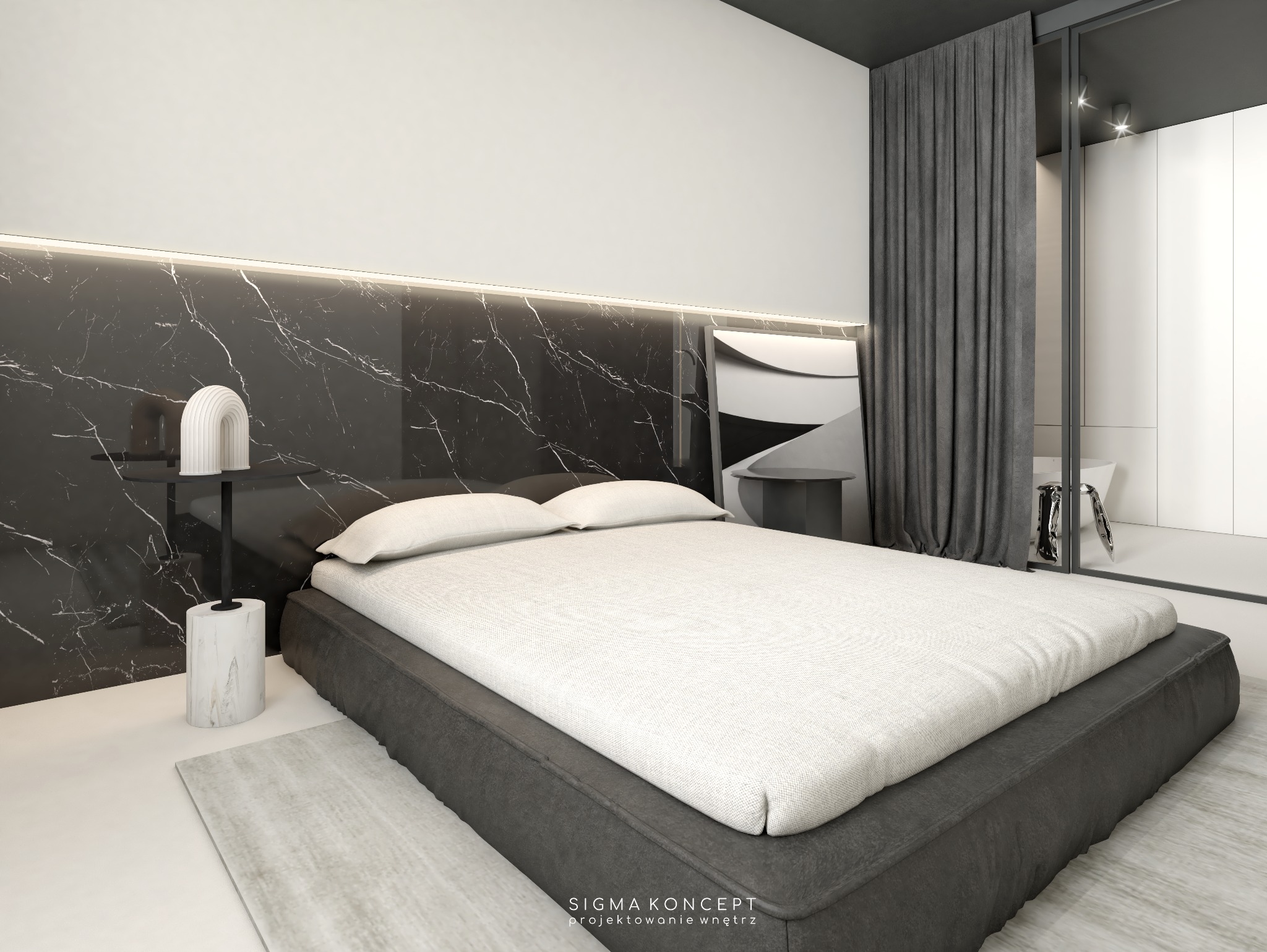 Minimalistyczna sypialnia z łóżkiem na niskiej platformie, czarnym marmurem na ścianie za wezgłowiem z podświetleniem LED, nowoczesną lampką nocną i widokiem na łazienkę przez szklane drzwi z zasłoną.