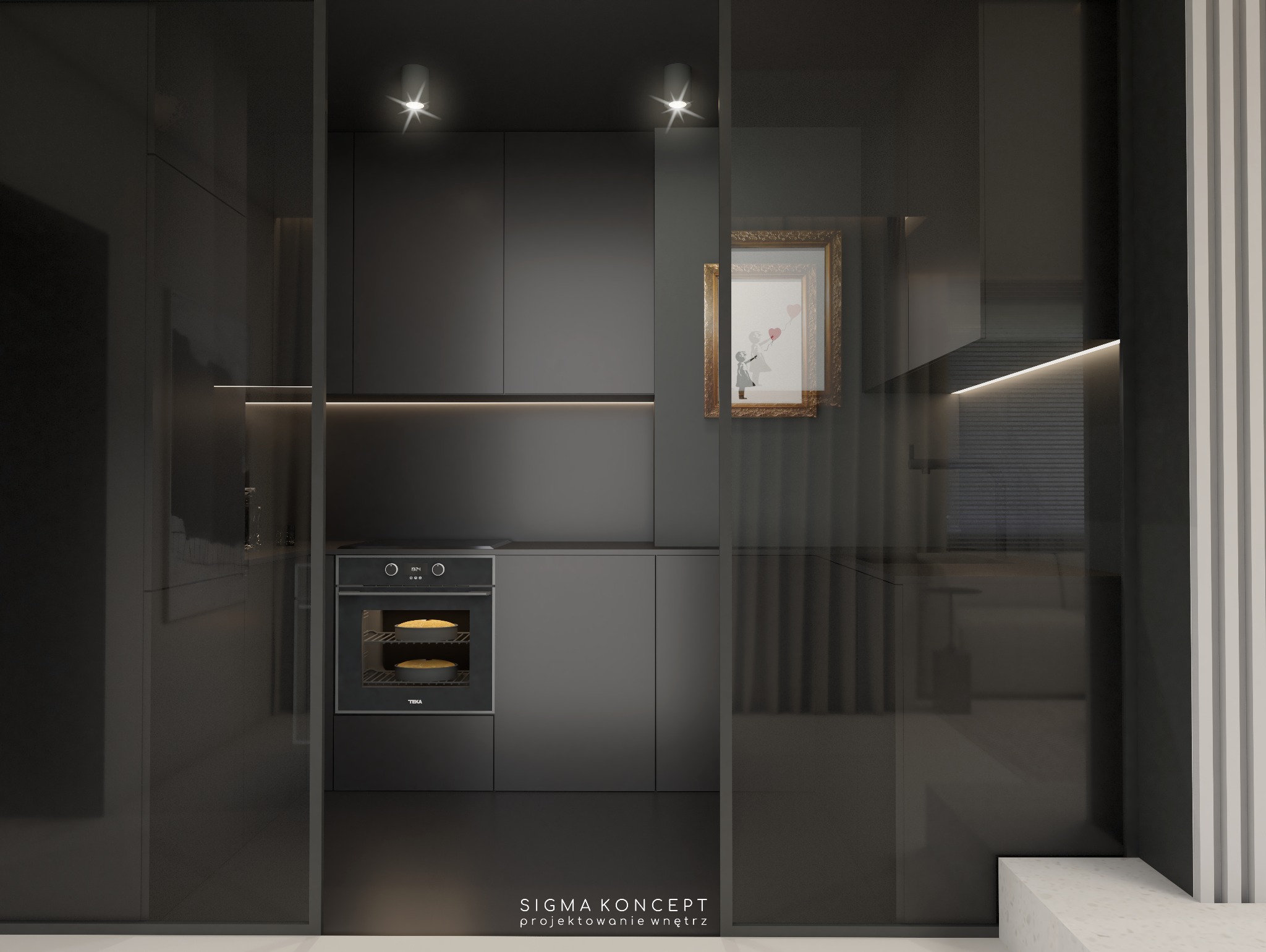 Minimalistyczna, ciemna kuchnia w Komnach z piekarnikiem TEKA, podświetlanymi półkami i dekoracyjnym obrazkiem w złotej ramie, widoczna przez szklane drzwi.