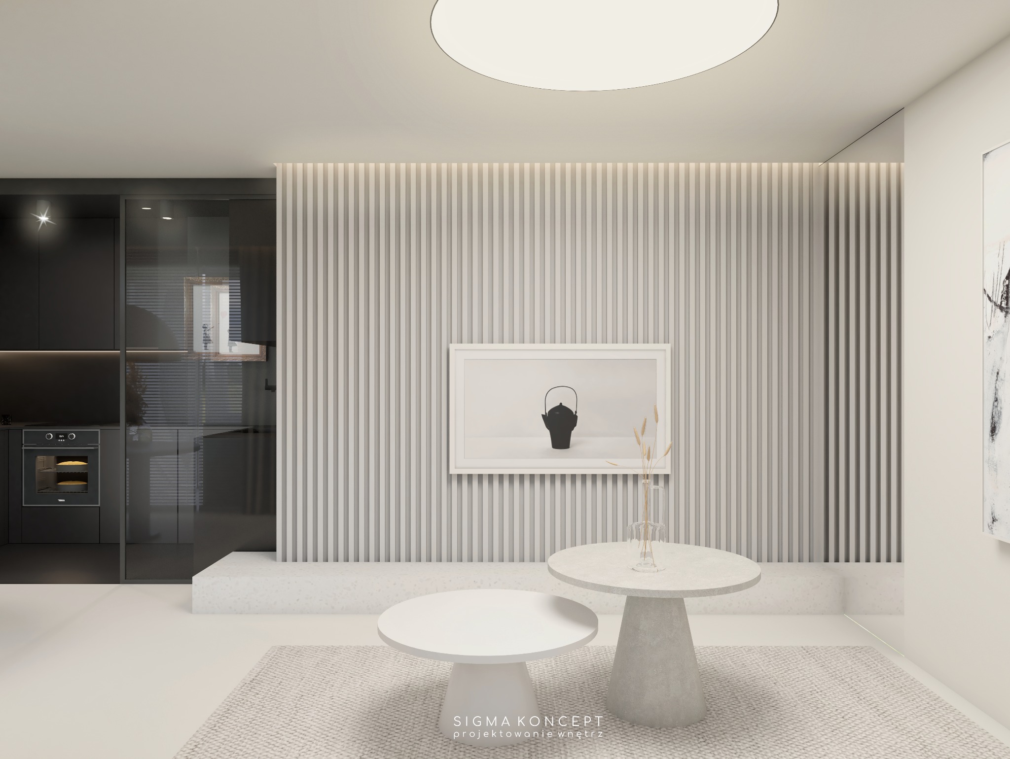 Minimalistyczne wnętrze: jasny salon z dwoma okrągłymi stolikami kawowymi, dekoracyjną ścianą z pionowych listew, obrazem w ramie i widoczną kuchnią w tle.