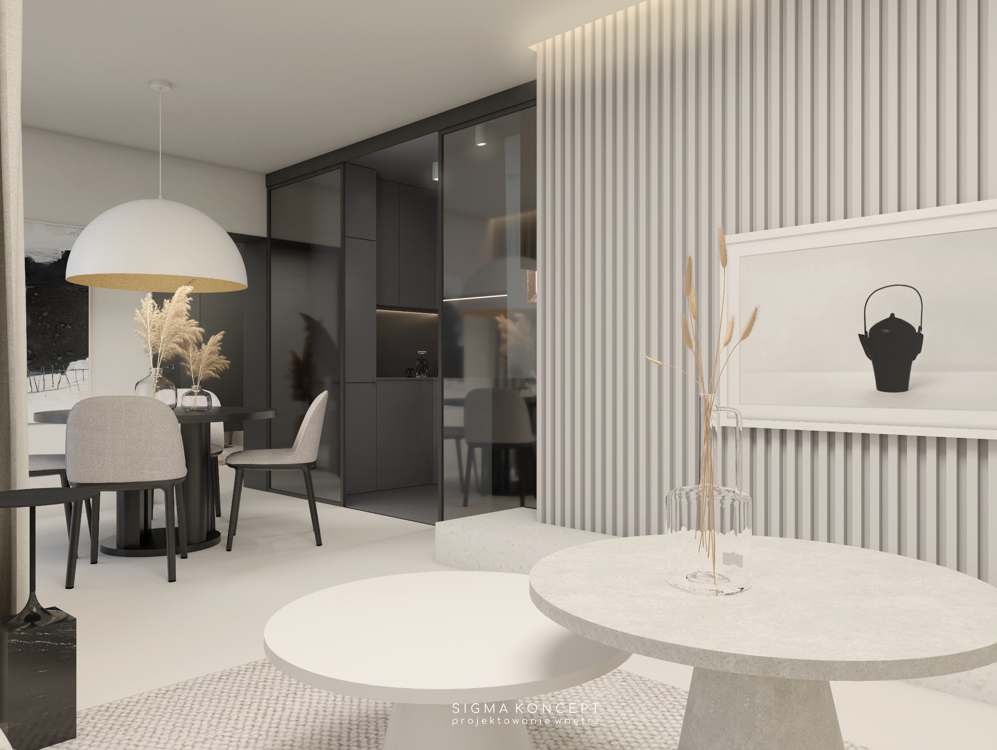 Nowoczesne wnętrze z minimalistyczną kuchnią w tle, okrągłym stołem jadalnianym z szarymi krzesłami, oraz dwoma okrągłymi stolikami kawowymi z dekoracyjnym wazonem z suchymi trawami na pierwszym...